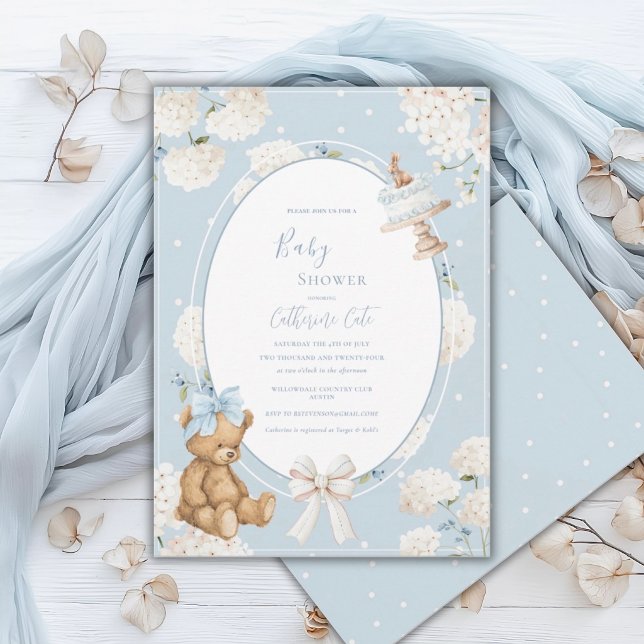 Blå Blommig Hydrangea Elegant Björn Bebis Shower Inbjudningar (Skapare uppladdad)