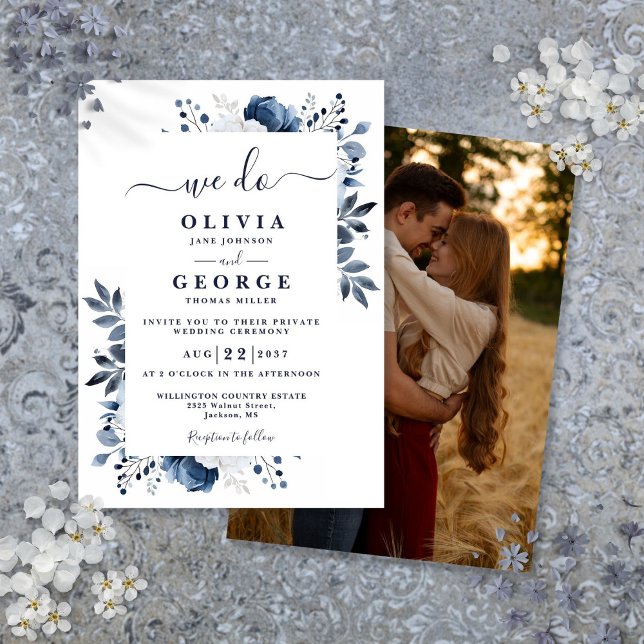 Blå Blommig Intim Privat Bröllopsfoto Inbjudningar (Blue Floral Intimate Private Wedding Photo Invitation)