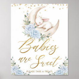 Blå Blommig Kanin Kanin Måne Bebisar är Söta  Poster