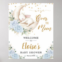 Blå Blommig Kanin Måne Baby Shower Välkommen