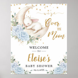 Blå Blommig Kanin Måne Baby Shower Välkommen Poster