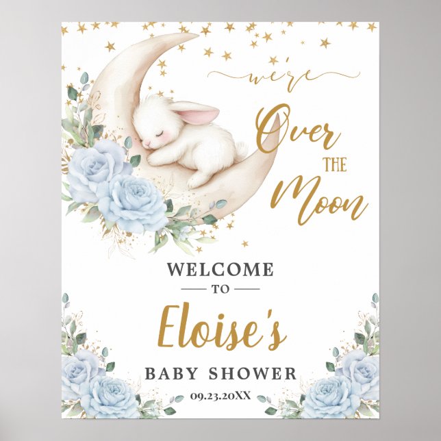Blå Blommig Kanin Måne Baby Shower Välkommen Poster (Framsidan)