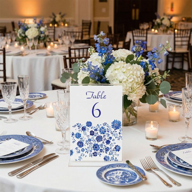Blå Blommig Kant Bröllops Bord Nummer Kort (Blue Floral Border Wedding Table Number Card)