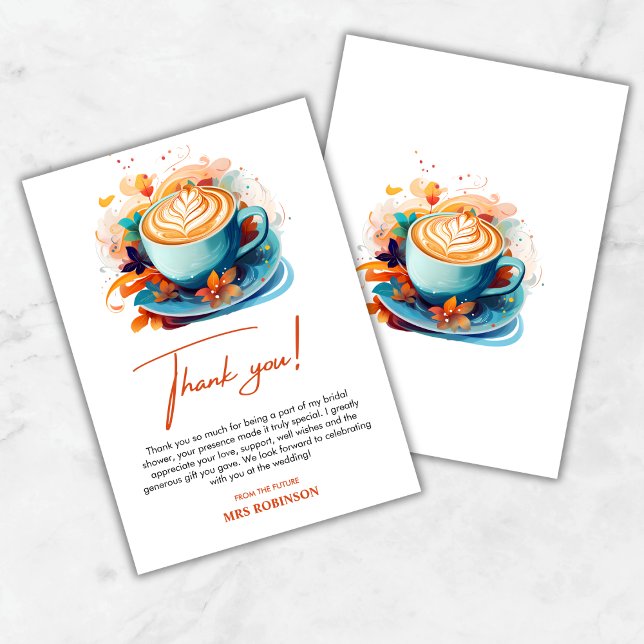 Blå Blommig Kärlek Brygger Kaffebryllup  Tack Kort (Blue Floral Love is Brewing Coffee Bridal Shower Thank You Card )