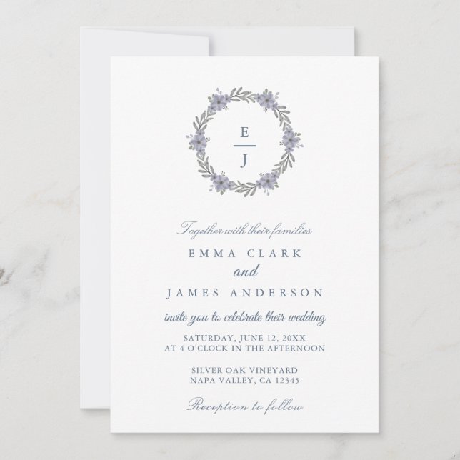 Blå Blommig Klassisk Dammig Krönings Hochzeitsinbj Inbjudningar (Framsida)