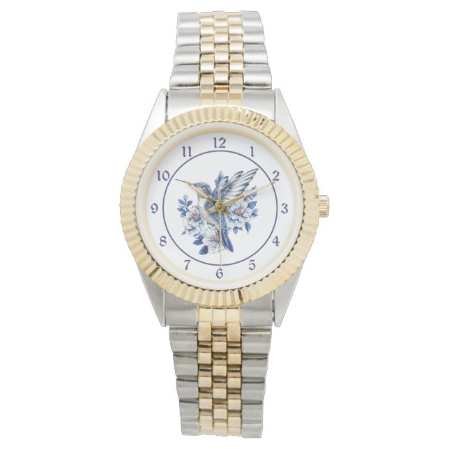 Blå Blommig Kolibri Armbandsur (Framsida)