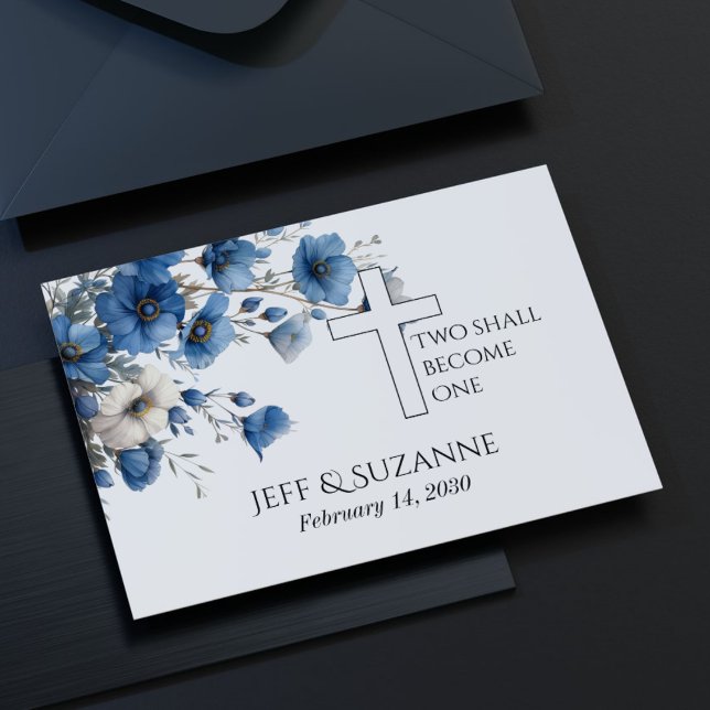 Blå Blommig Kors Två Blir En Bröllop  Spara Datumet (Blue Floral Cross Two Become One Wedding Save The Date
)
