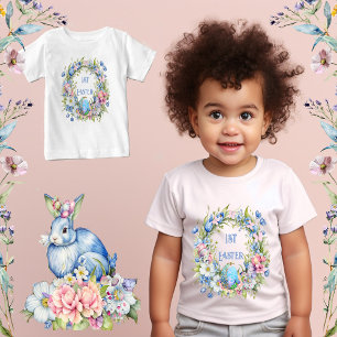 Blå Blommig Krans Kanin Rosa Blommor 1:a Påsk T Shirt