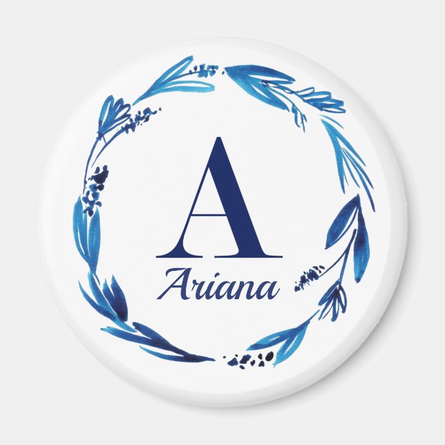 Blå Blommig Krans Monogram 'A' Magnet (Framsidan)