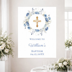 Blå blommig krans pojke Dop välkommen Poster