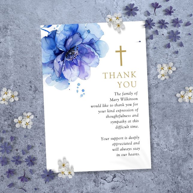 Blå Blommig Kristen Firande Av Livets Begravning Tack Kort (Blue Floral Christian Celebration Of Life Funeral Thank You Card)