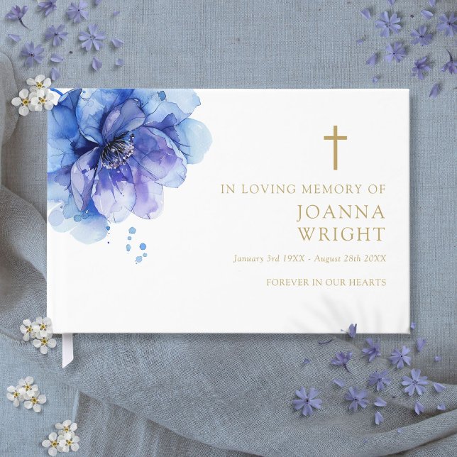 Blå Blommig Kristen Minnesgudstjänst Begravning Gästböcker (Blue Floral Christian In Loving Memory Funeral Guest Book)