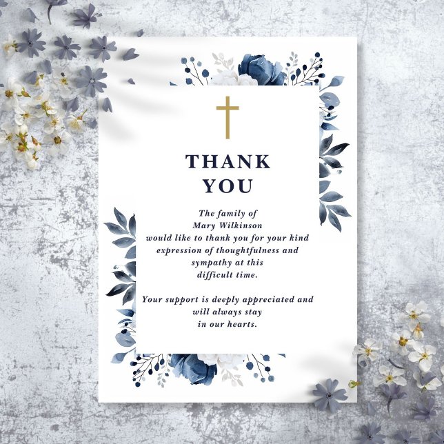 Blå Blommig Kristet Firande Av Livets Begravning Tack Kort (Blue Floral Christian Celebration Of Life Funeral Thank You Card)