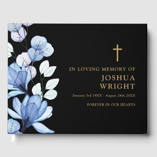 Blå Blommig Kristet Till Minnet Av Funeral Gästböcker (Framsida)