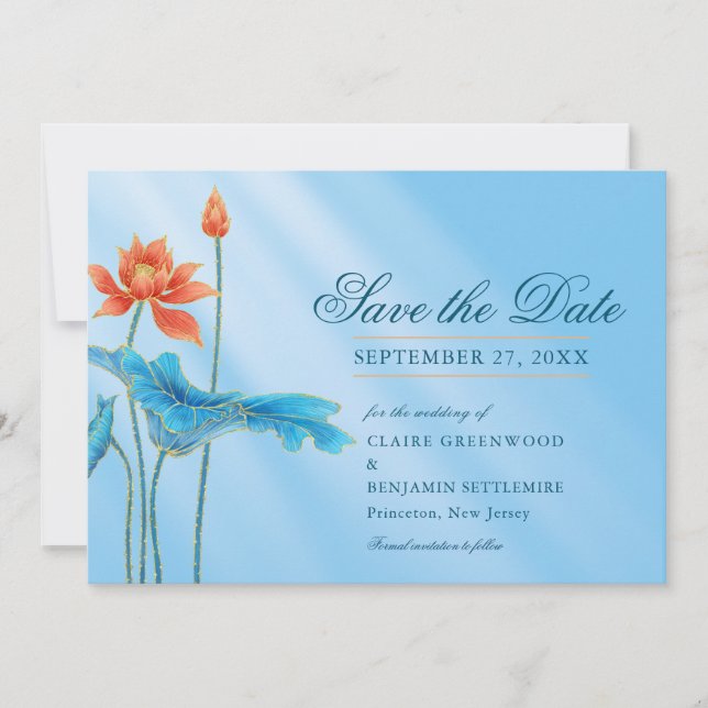 Blå Blommig Lotus Bröllop Save the Date Inbjudan (Framsida)