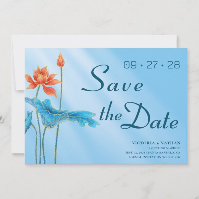 Blå Blommig Lotus Bröllop Save the Date-inbjudan Inbjudningar (Framsida)