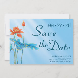 Blå Blommig Lotus Bröllop Save the Date-inbjudan Inbjudningar