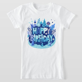 Blå Blommig Lycklig Födelsedag T-Shirt