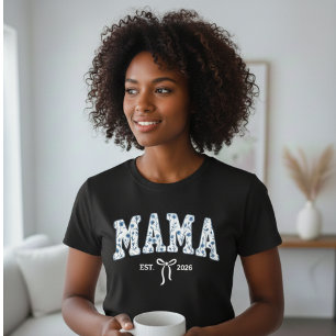 Blå Blommig Mama Varsity Feminint Estetiskt Utseen T Shirt