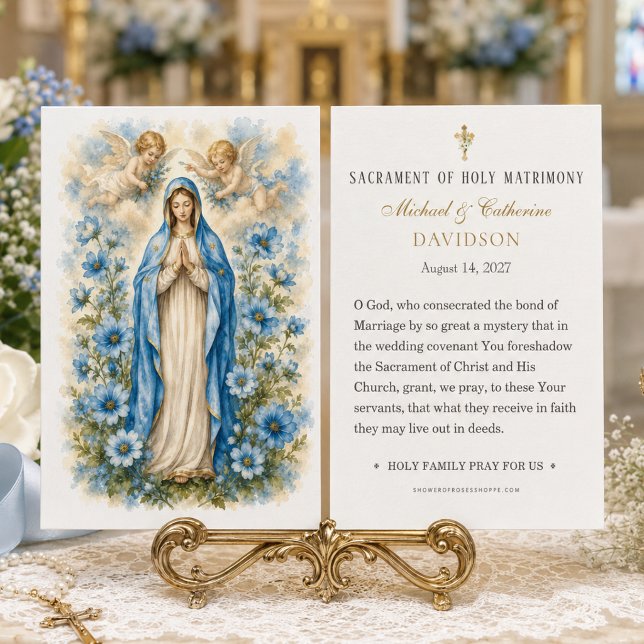 Blå Blommig Maria Katolsk Bröllopsbön  Visitkort (Skapare uppladdad)
