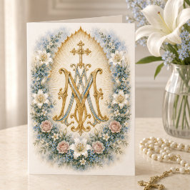 Blå Blommig Marian Monogram Katolsk Skrift Kort