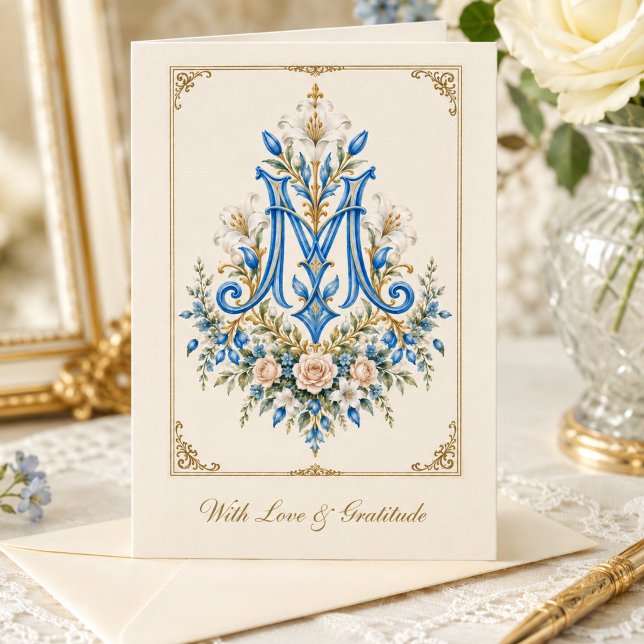 Blå Blommig Marian Monogram Katolsk  Tack Kort (Skapare uppladdad)