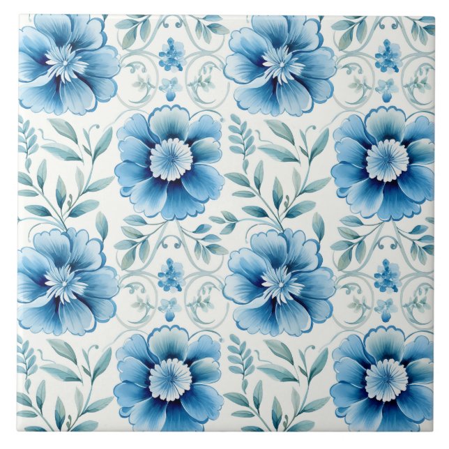 Blå Blommig Mediteransk Elegant Kakelplatta (Framsidan)