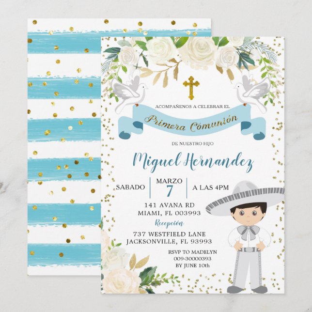 Blå Blommig Mexikansk Pojke Första Kommunion Inbju Inbjudningar (Fram/baksida)