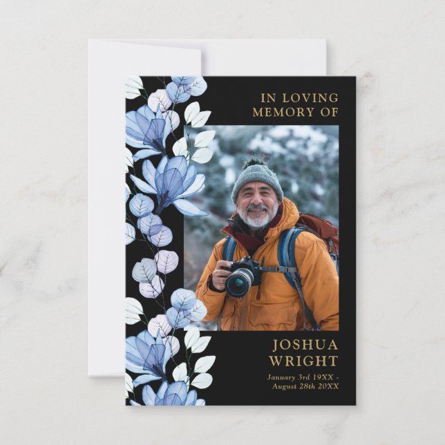 Blå Blommig Minnesgudstjänst Bön Fotokort (Framsida)