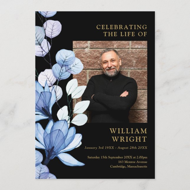 Blå Blommig Minnesgudstjänst Ordning För Begravnin Program (Framsida)