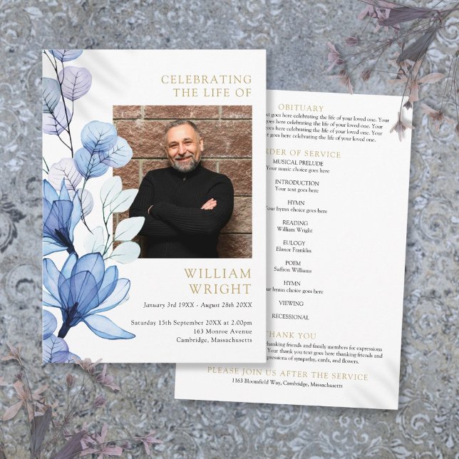 Blå Blommig Minnesgudstjänst Ordning För Sorgecere Program (Blue Floral Memorial Funeral Order Of Service Program)