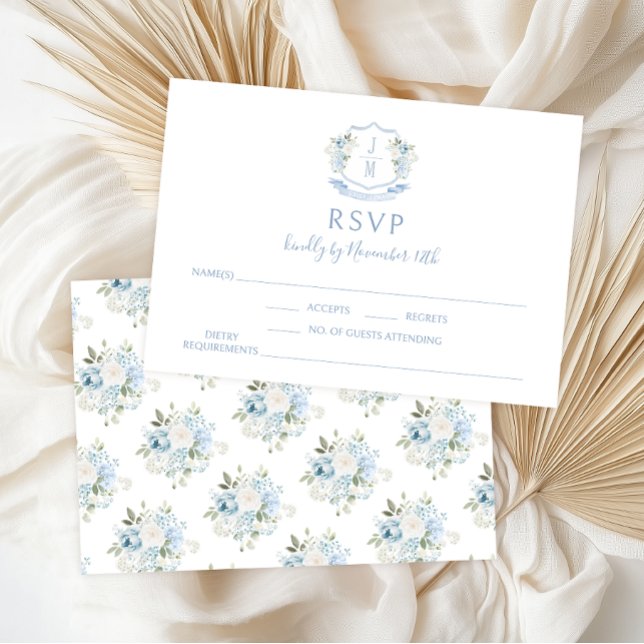 Blå Blommig Modern Monogram Bröllop RSVP-kort OSA Kort (Skapare uppladdad)