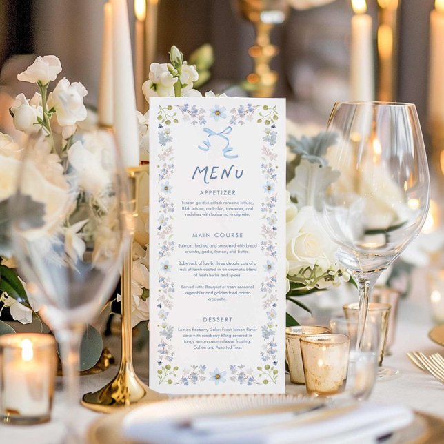 Blå Blommig och Band Bröllopsfest Meny (Blue floral and bow bridal shower menu)