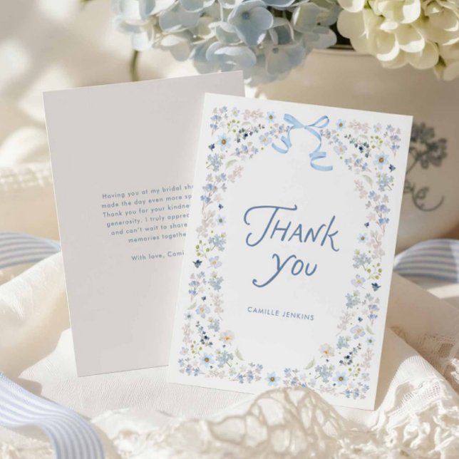 Blå Blommig och Band Bröllopsfest Tack  Kort (Blue Floral Bridal Shower Thank you Card with message)