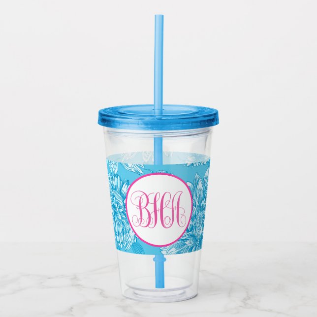 Blå Blommig och Monogram Take Away Mugg (Framsida)