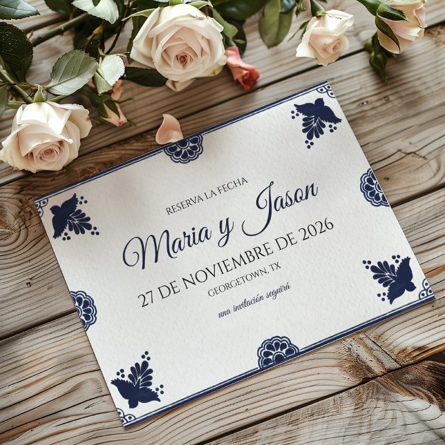 Blå Blommig Otomi Enkel Fiesta Spansk Bröllops- Spara Datumet (Blue Floral Otomi Simple Fiesta Spanish Wedding Save The Date)