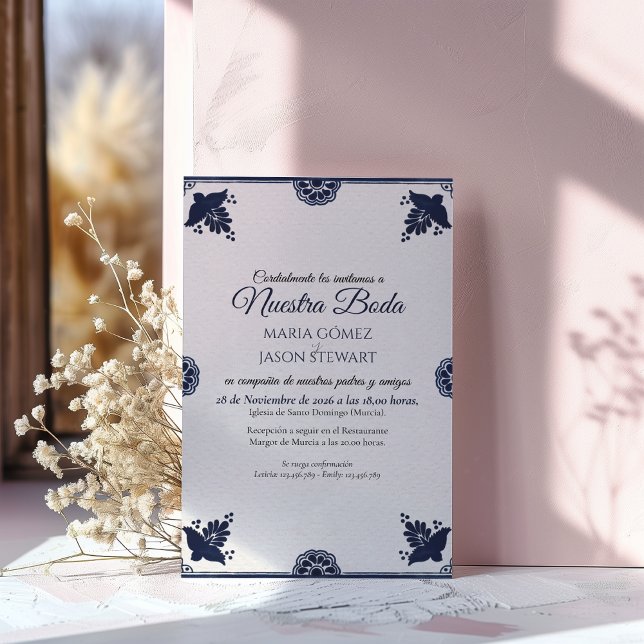 Blå Blommig Otomi Enkel Fiesta Spansk Bröllopsinbj Inbjudningar (Blue Floral Otomi Simple Fiesta Spanish Wedding Invitation)
