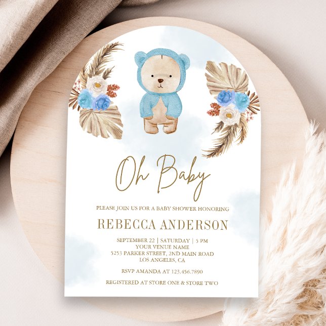 Blå Blommig Pampas Teddybjörn Båge Bebis Shower Inbjudningar (Skapare uppladdad)