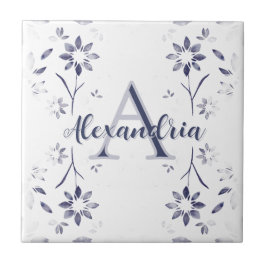 Blå Blommig Personlig Monogramnamn Kakelplatta