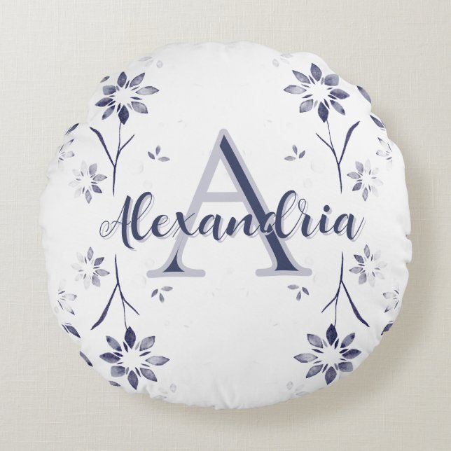 Blå Blommig Personlig Monogramnamn Rund Kudde (Framsidan)
