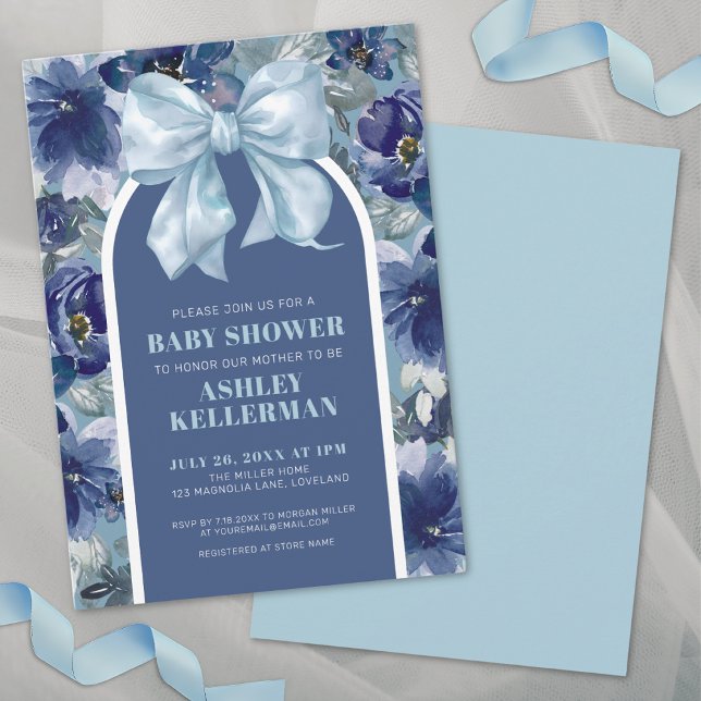 Blå Blommig Pojkbabyshower med Båge Inbjudningar (Blue Floral Boy Baby Shower Invitation)