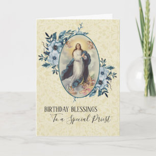 Blå Blommig Präst Födelsedag Jungfru Maria Kort