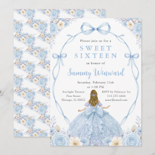 Blå Blommig Prinsessa Sweet Sixteen Födelsedagsfes Inbjudningar