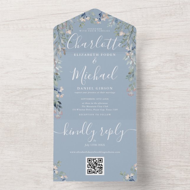 Blå Blommig QR-kod Bröllop  (Inside)