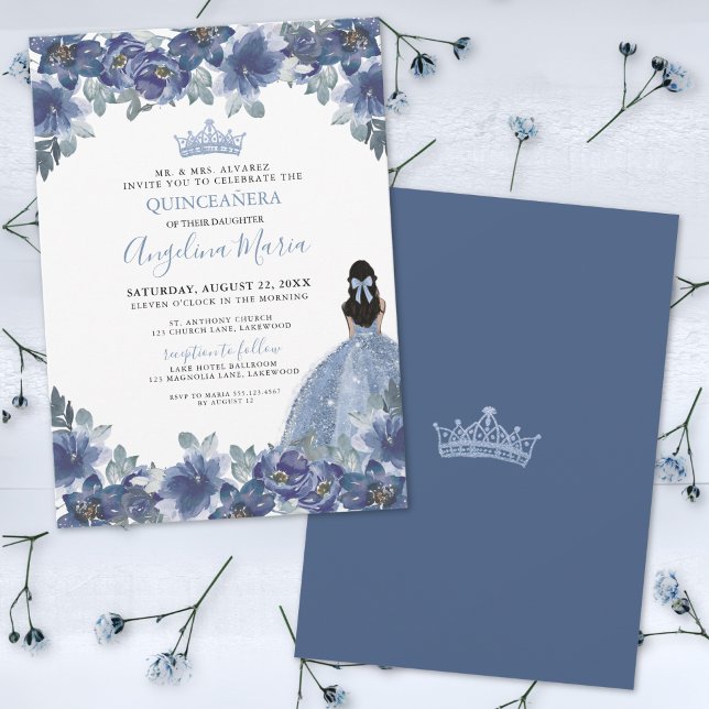 Blå Blommig Quinceanera Inbjudan (Floral Blue Quinceanera Invitation)
