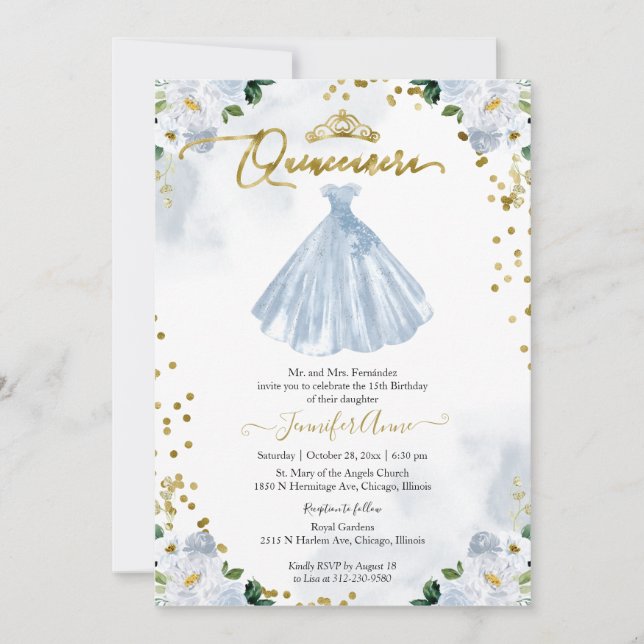 Blå Blommig Quinceanera Inbjudan Tvåspråkig (Framsida)