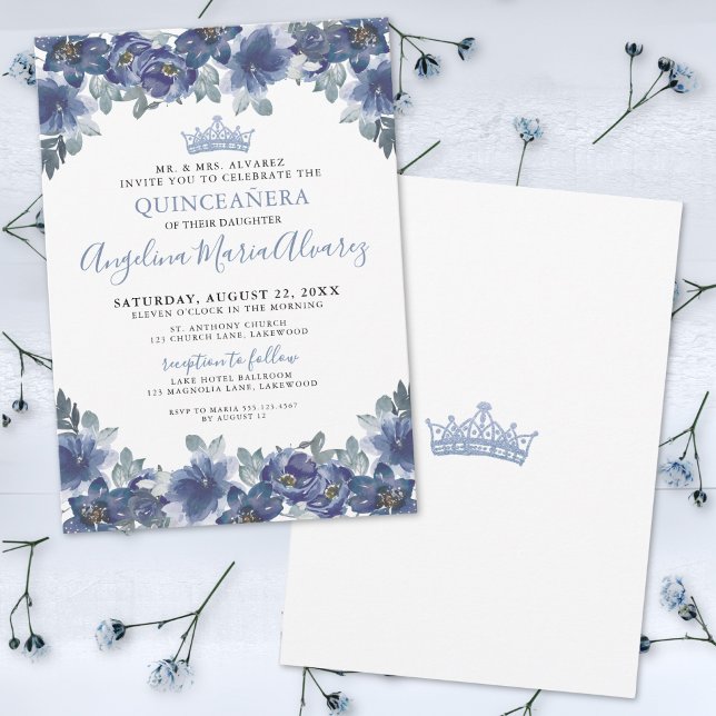 Blå Blommig Quinceanera Inbjudningar (Elegant Floral Blue Quinceanera Invitation)