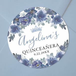 Blå Blommig Quinceanera Runt Klistermärke