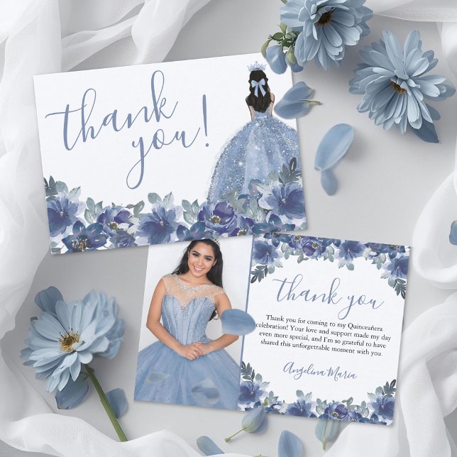 Blå Blommig Quinceanera Tack Kort (Floral Blue Quinceanera Thank You Card )