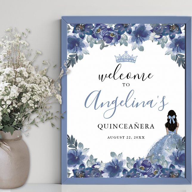 Blå Blommig Quinceanera Välkomstskylt Poster (Floral Blue Quinceanera Welcome Sign)